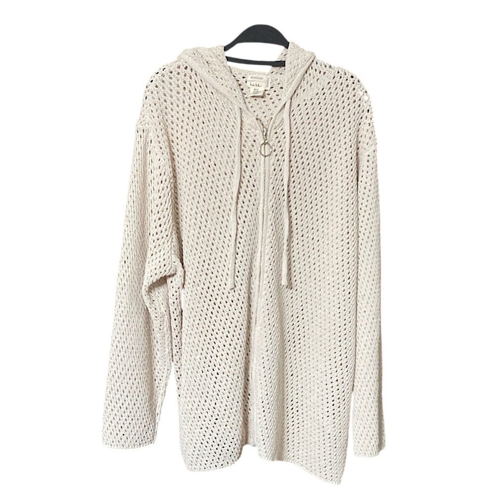 Nicole Miller Cream Crochet Open Knit Zip Cardigan BE36